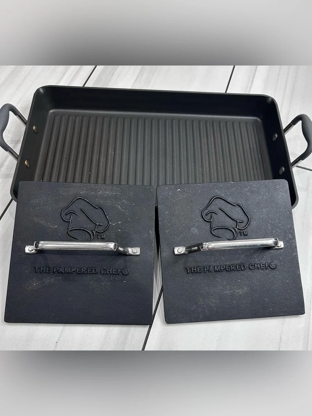 Pampered Chef Grill Pan Dual Burner Double Bacon Burger Panini Press Set 2924